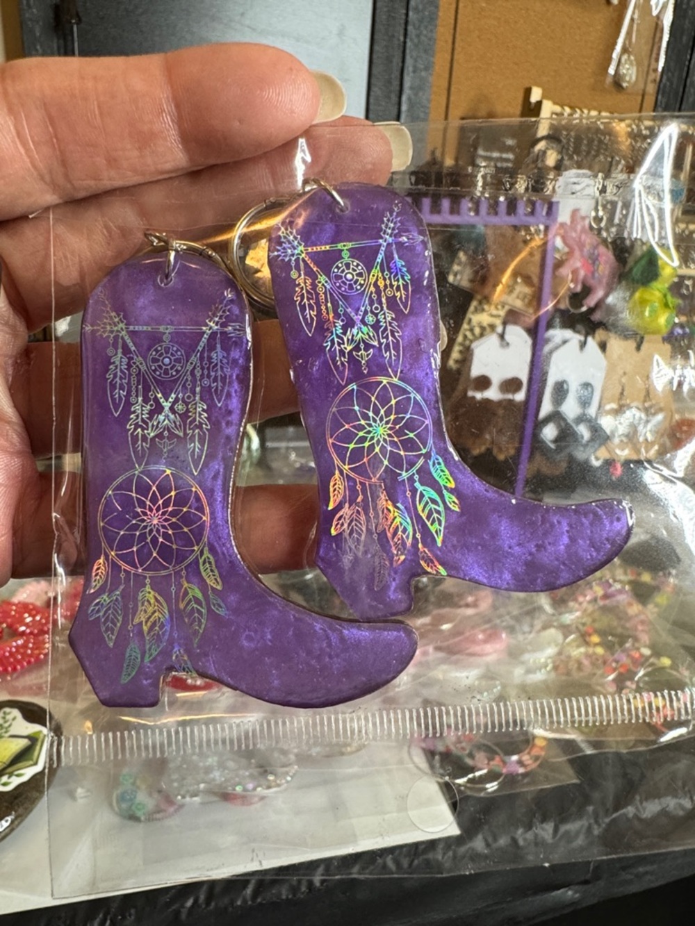 Purple Dreamcatcher Cowboy Boot Earrings